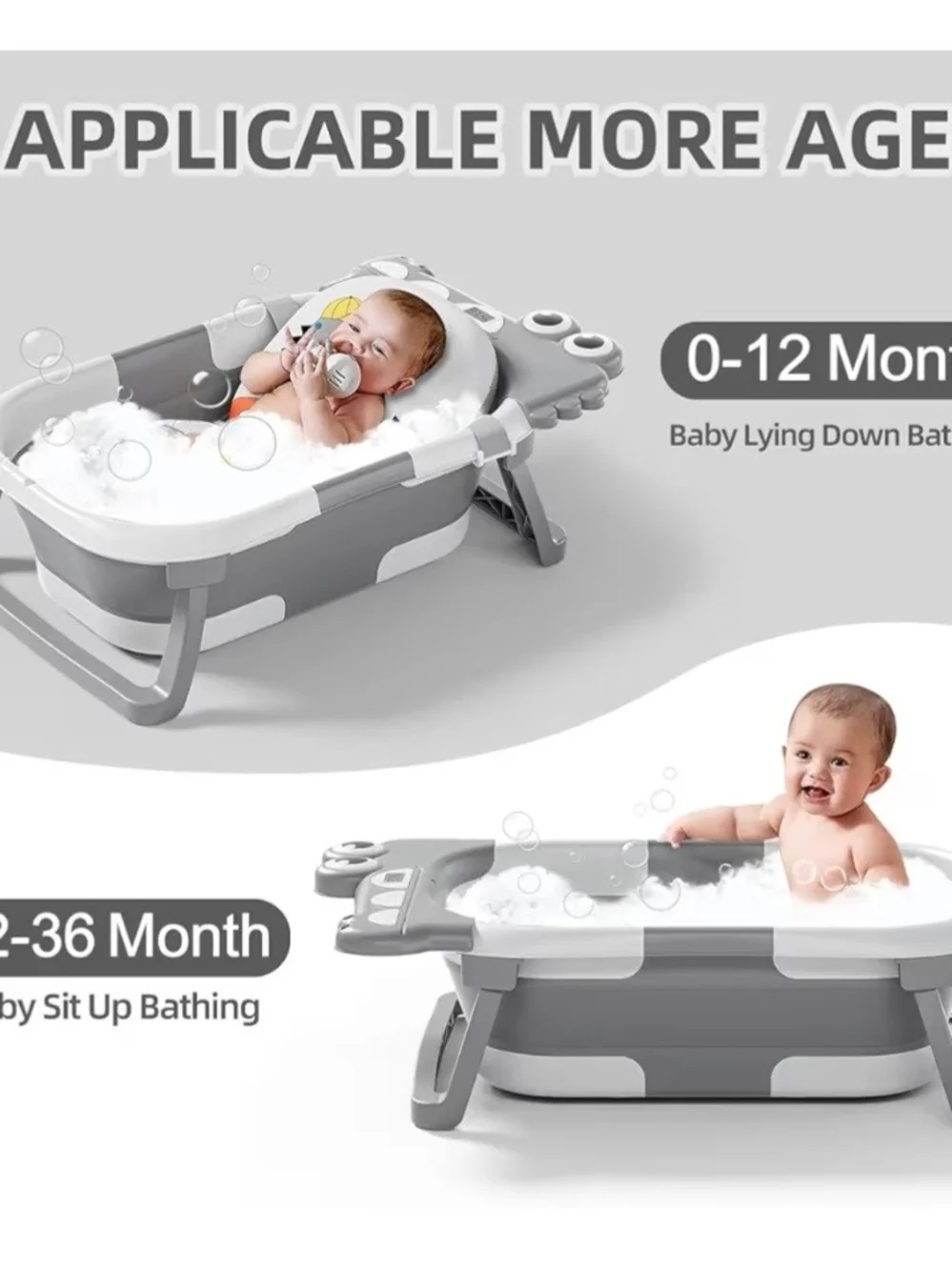 Gray Shark Print Folding Baby Bath Tub with Cushion